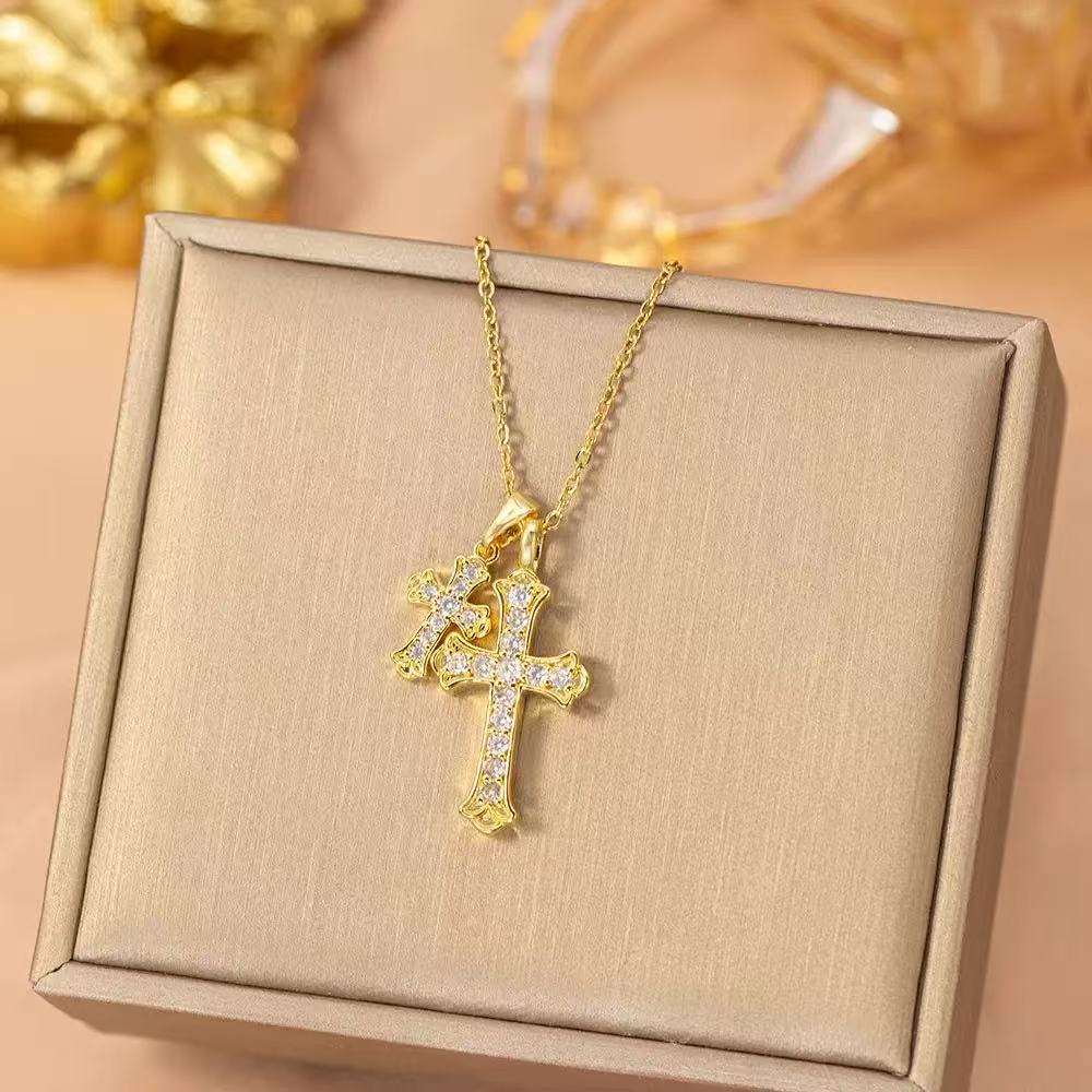 Titanium Steel Sparkling Cross Necklace