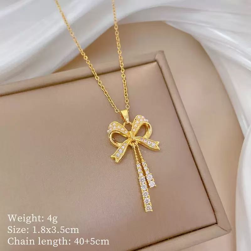 Titanium Steel Full Diamond Bow Tassel Jewelry Set