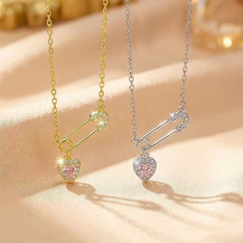 Titanium Steel Heart Safety Pin Necklace