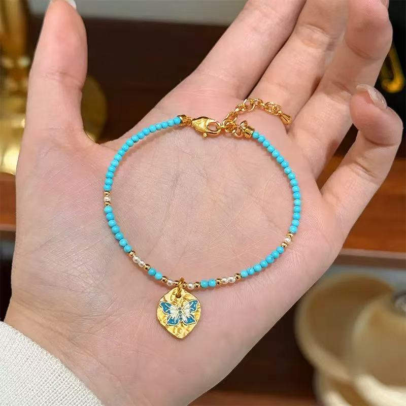 Luxury Colorful Brass Enamel Butterfly Turquoise Beaded Bracelet