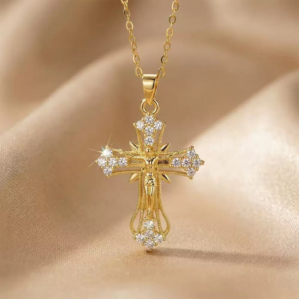 Titanium Steel Full Diamond Cross Necklace