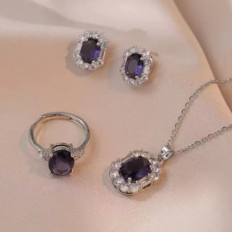 Purple Gemstone Halo Jewelry Set