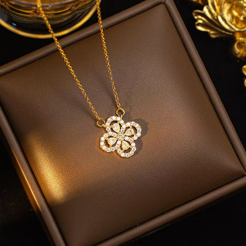 Copper Full Diamond Four-Leaf Clover Necklace