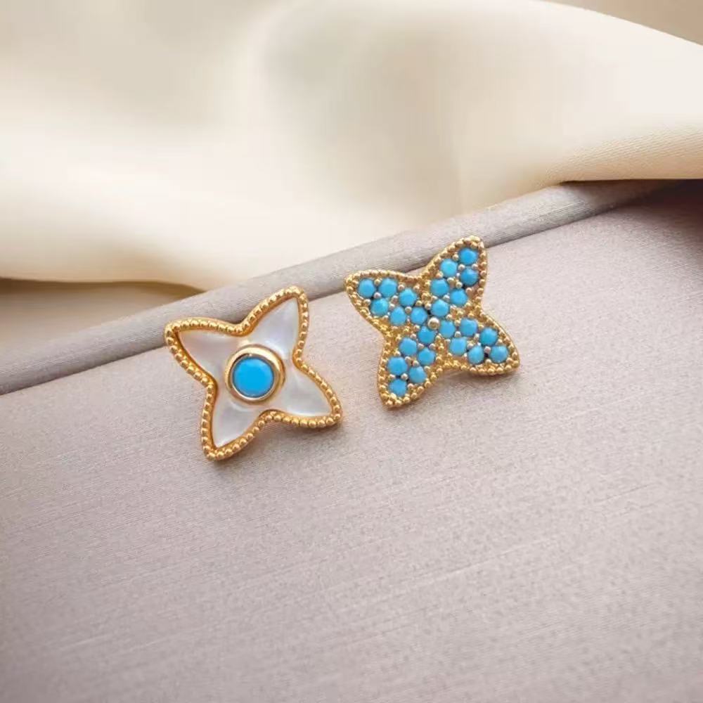 Trendy Turquoise Asymmetric Four-Leaf Clover Earrings