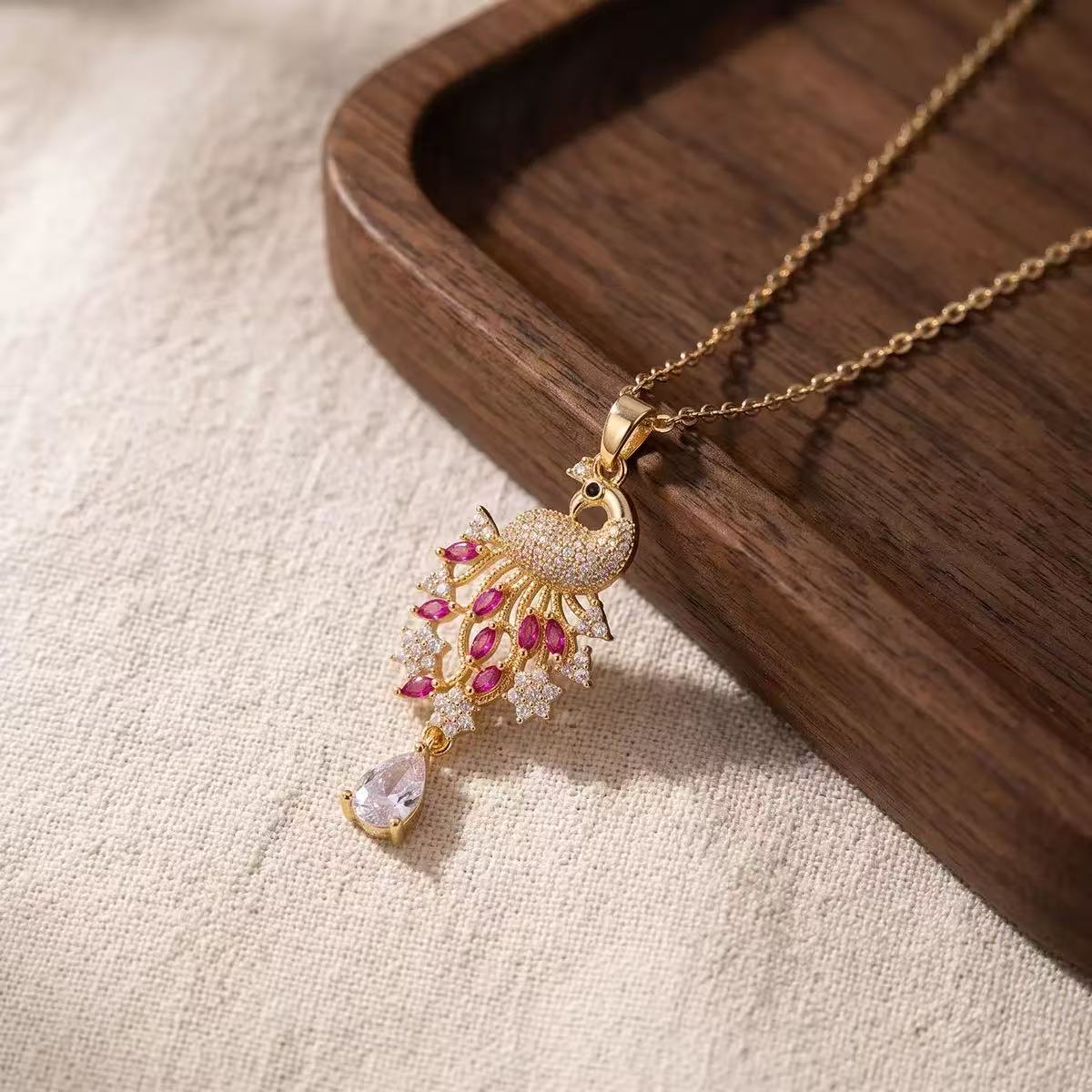 Copper Peacock Zircon Necklace