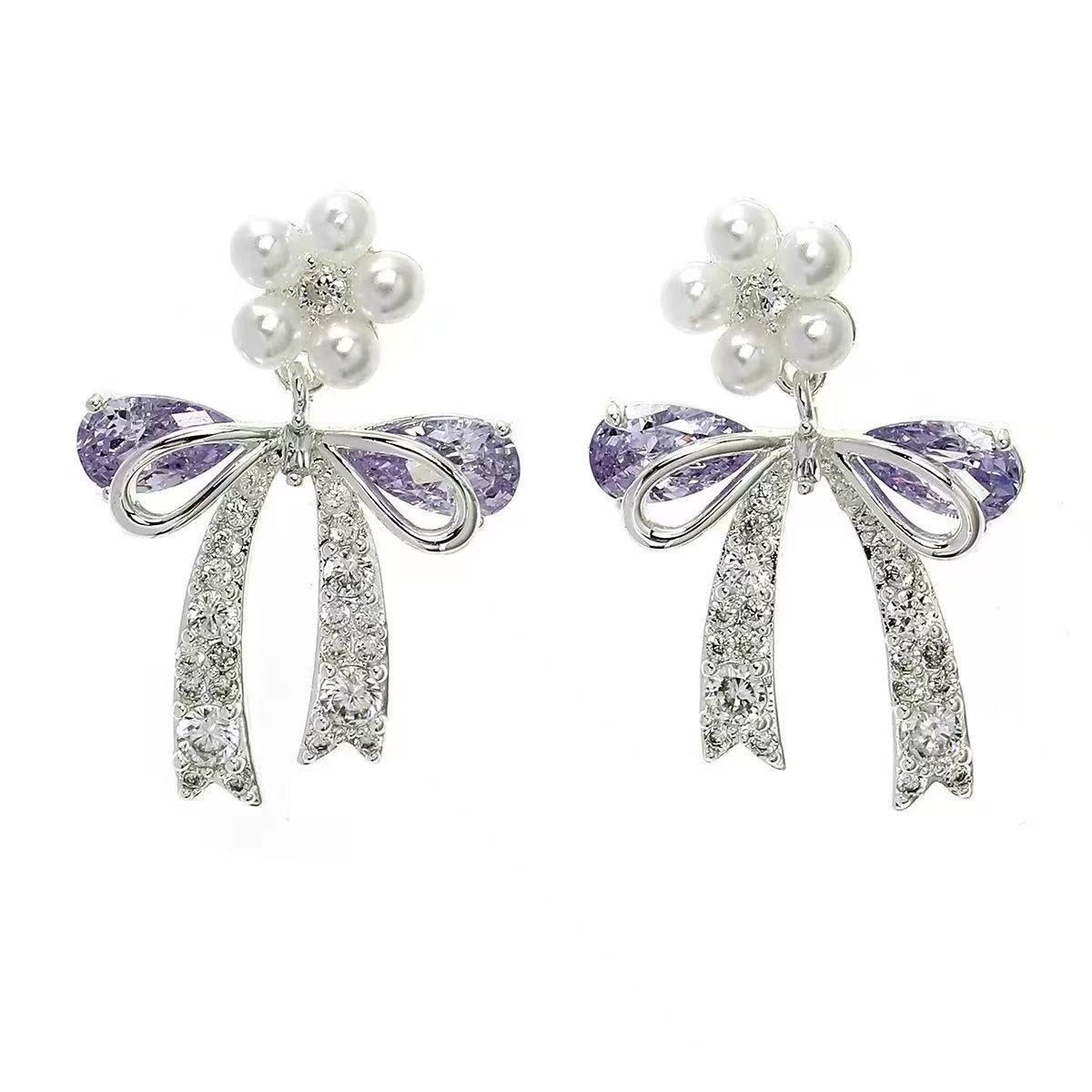 S925 Pearl Flower Bow Zirconia Earrings