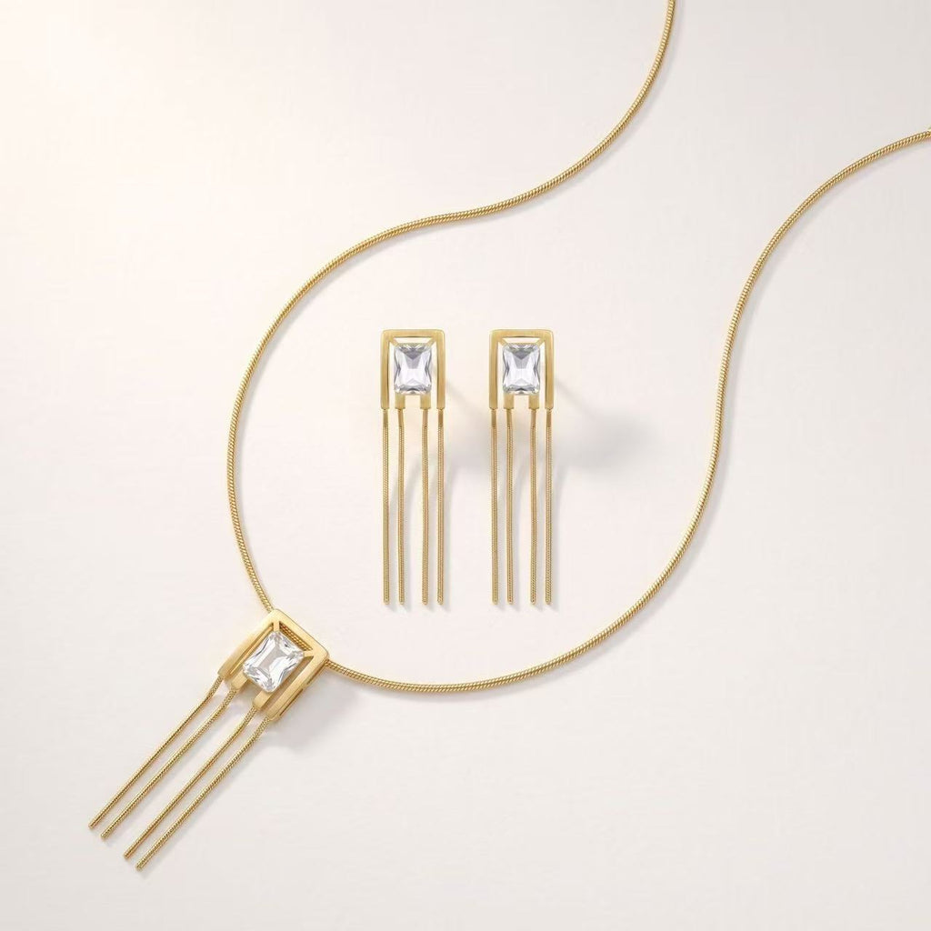Geometric Tassel Zircon Necklace Set