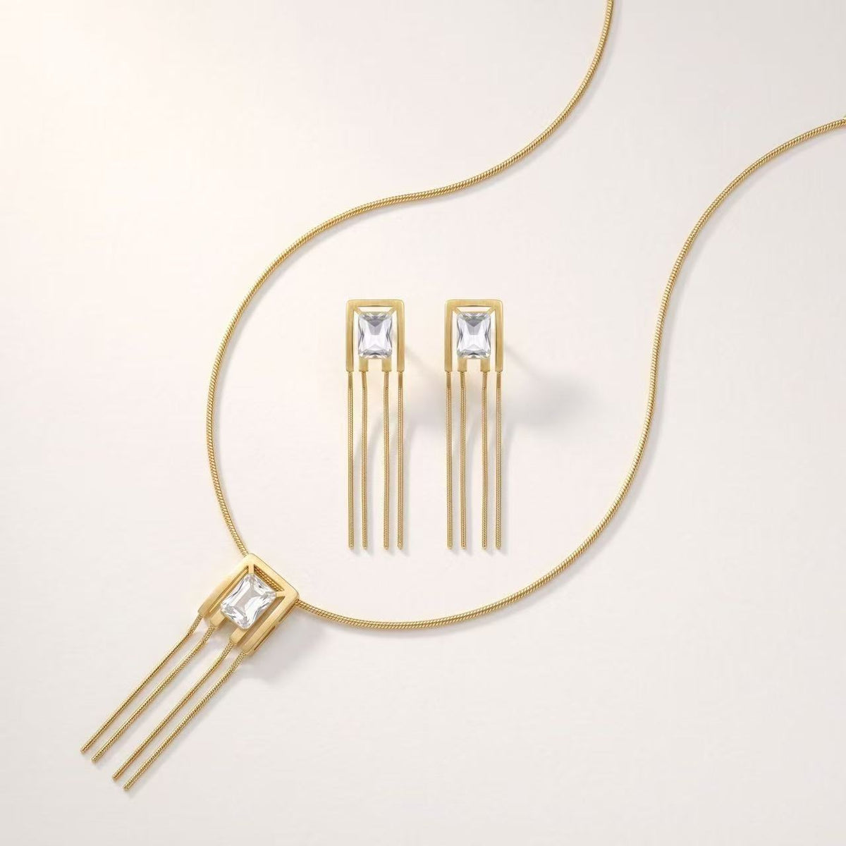 Geometric Tassel Zircon Necklace Set