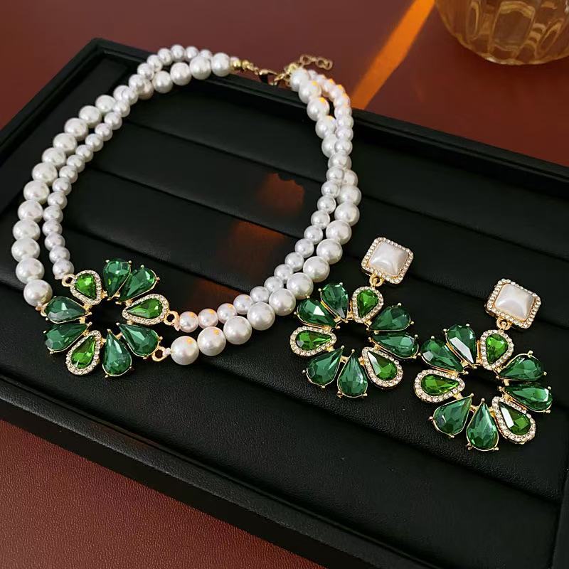 Luxury Pearl Green Crystal Flower Jewelry Set