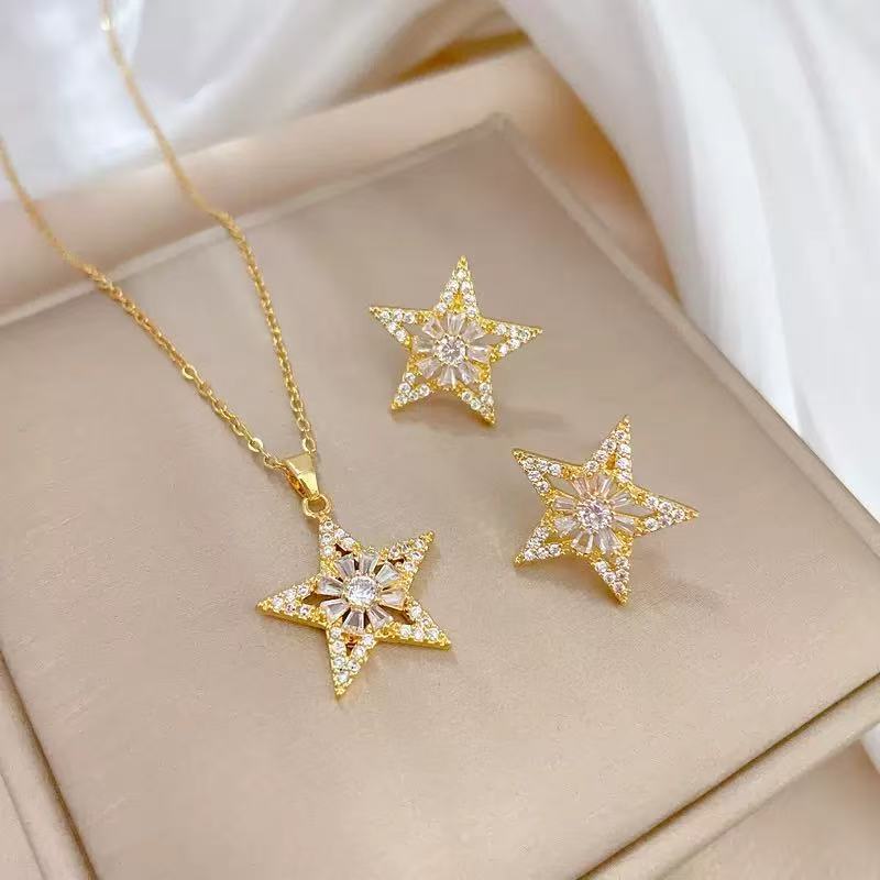 Titanium Steel Full Diamond Flower Star Necklace Set