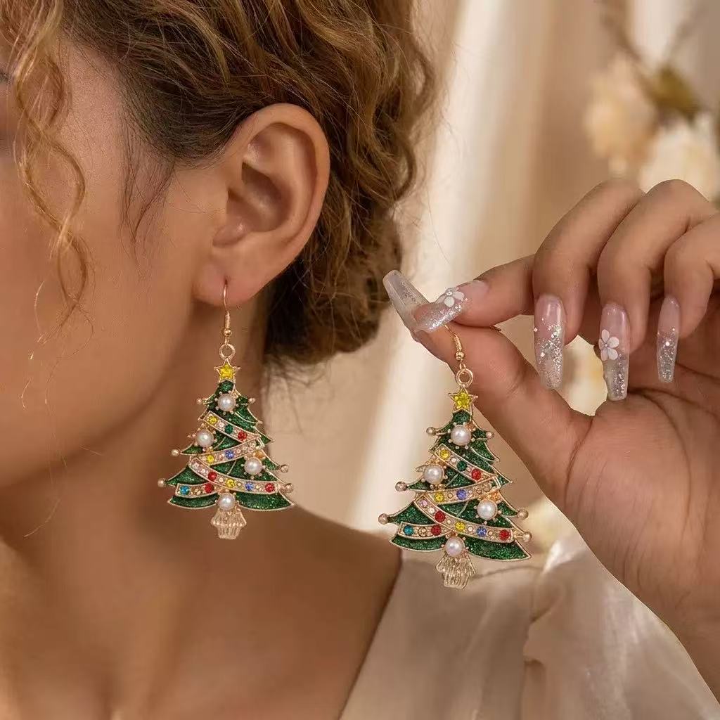 Colorful Rhinestone & Pearl Christmas Tree Earrings