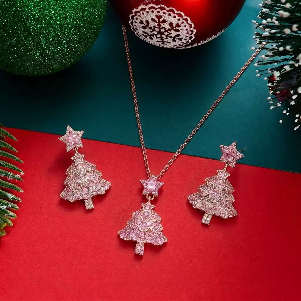 Pink Rhinestone Christmas Tree Jewelry Set