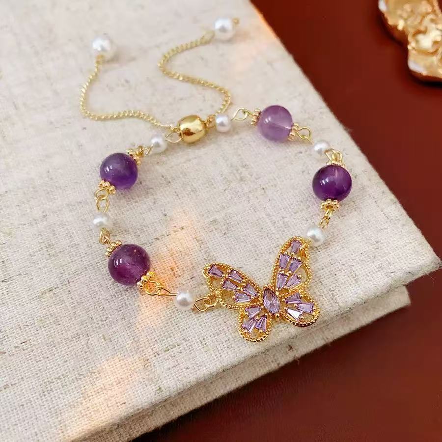 Zirconia Butterfly Amethyst Bead Bracelet Set