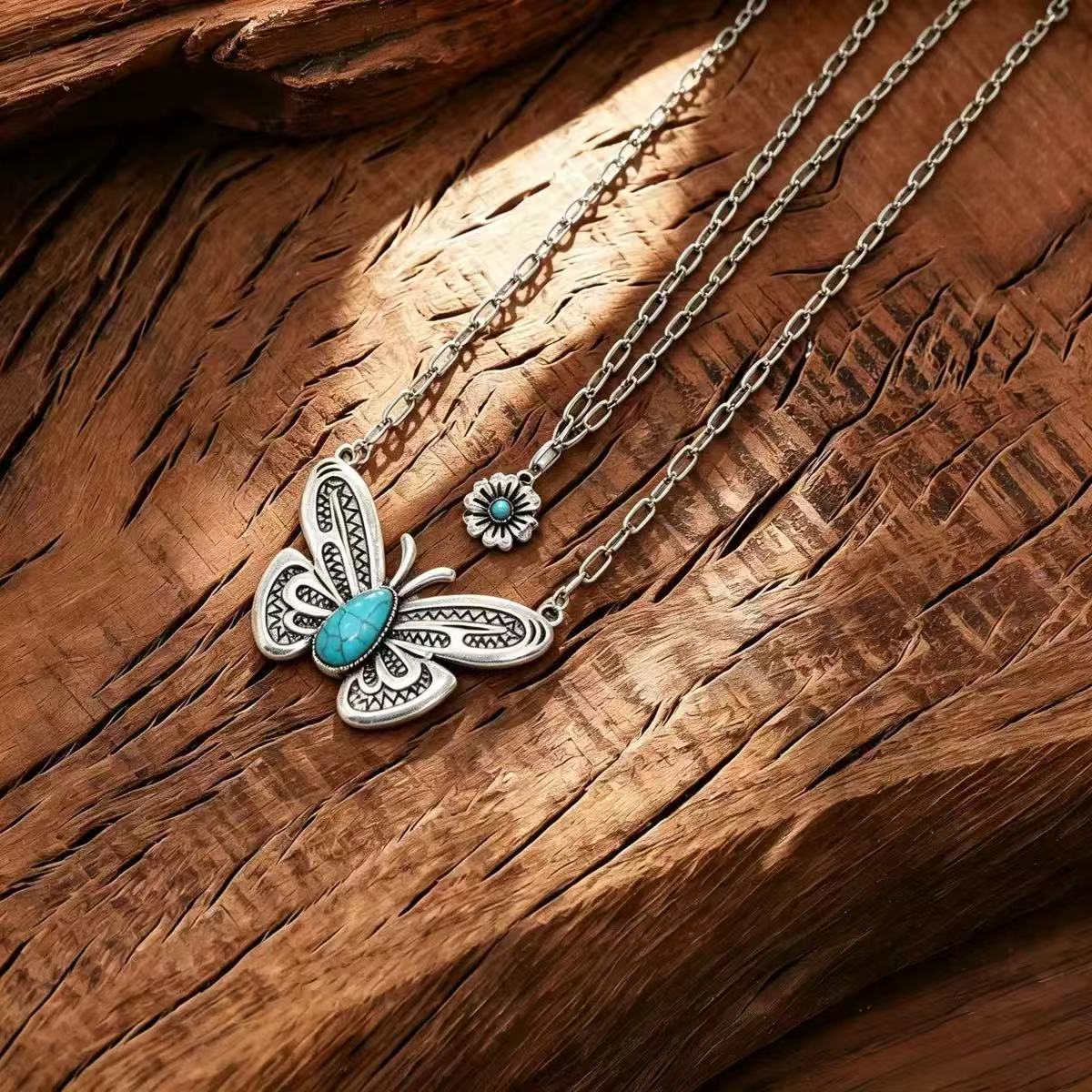 Alloy Turquoise Large Butterfly Pendant Necklace