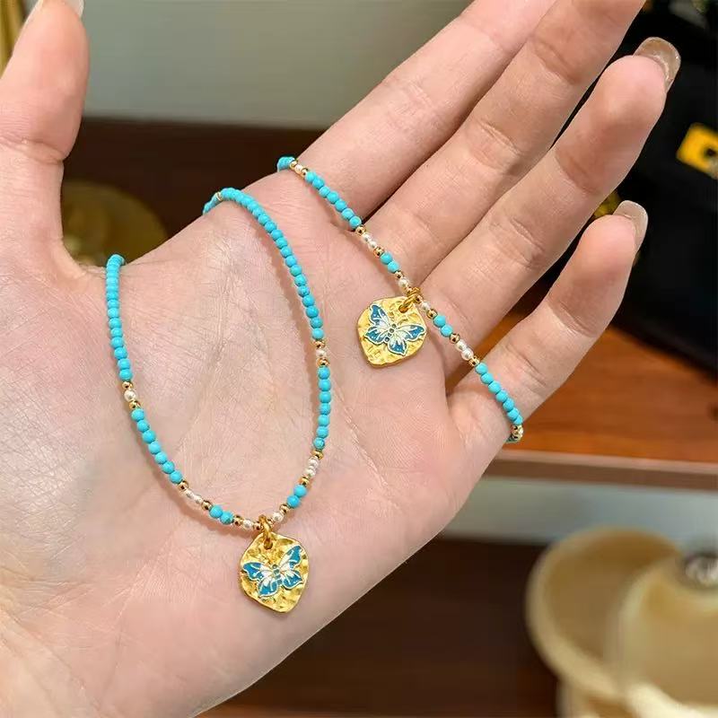 Luxury Colorful Brass Enamel Butterfly Turquoise Beaded Bracelet