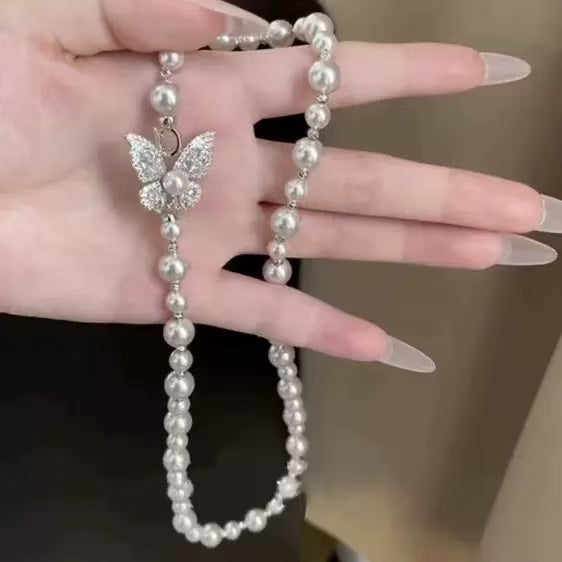 Diamond Butterfly Pearl Necklace