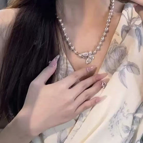 Diamond Butterfly Pearl Necklace