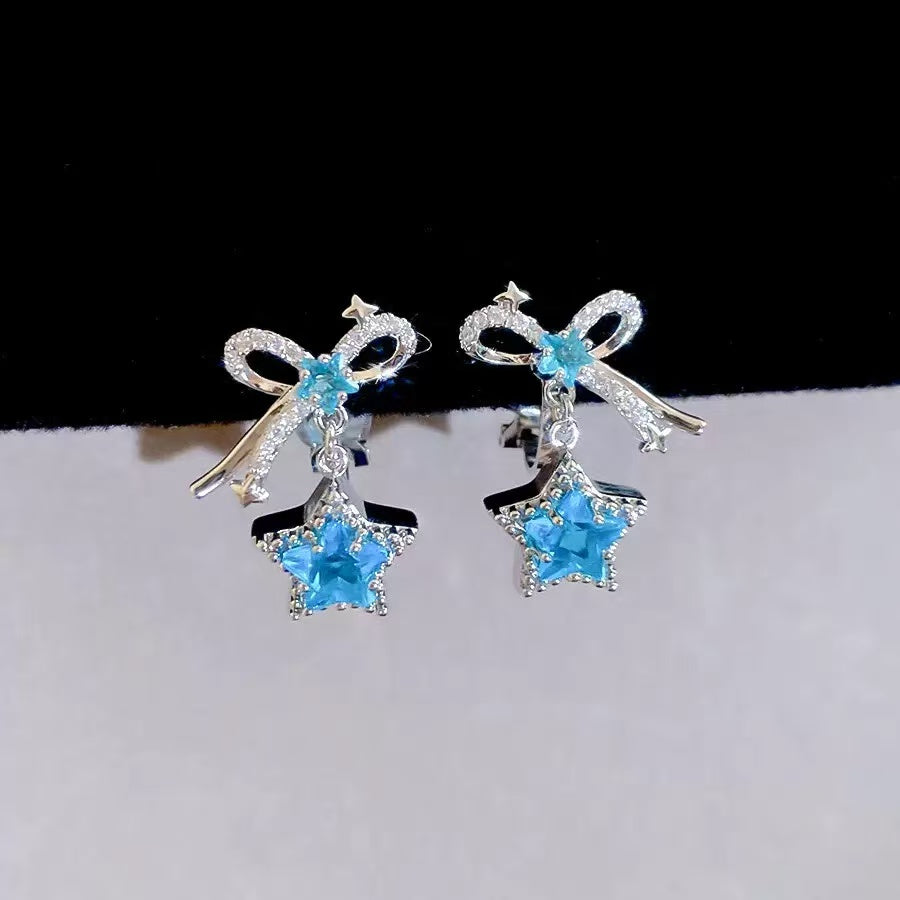 Blue Zirconia Silver Needle Stud Earrings