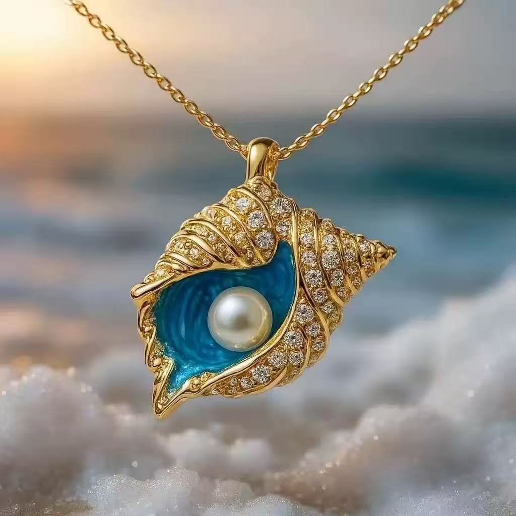 Conch Mermaid Blue Tear Pearl Necklace