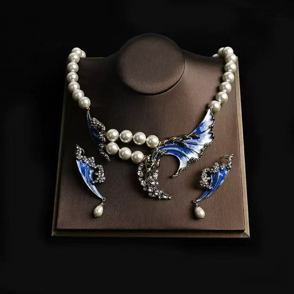 Ocean Blue Pearl & Alloy Necklace and Stud Earrings Set