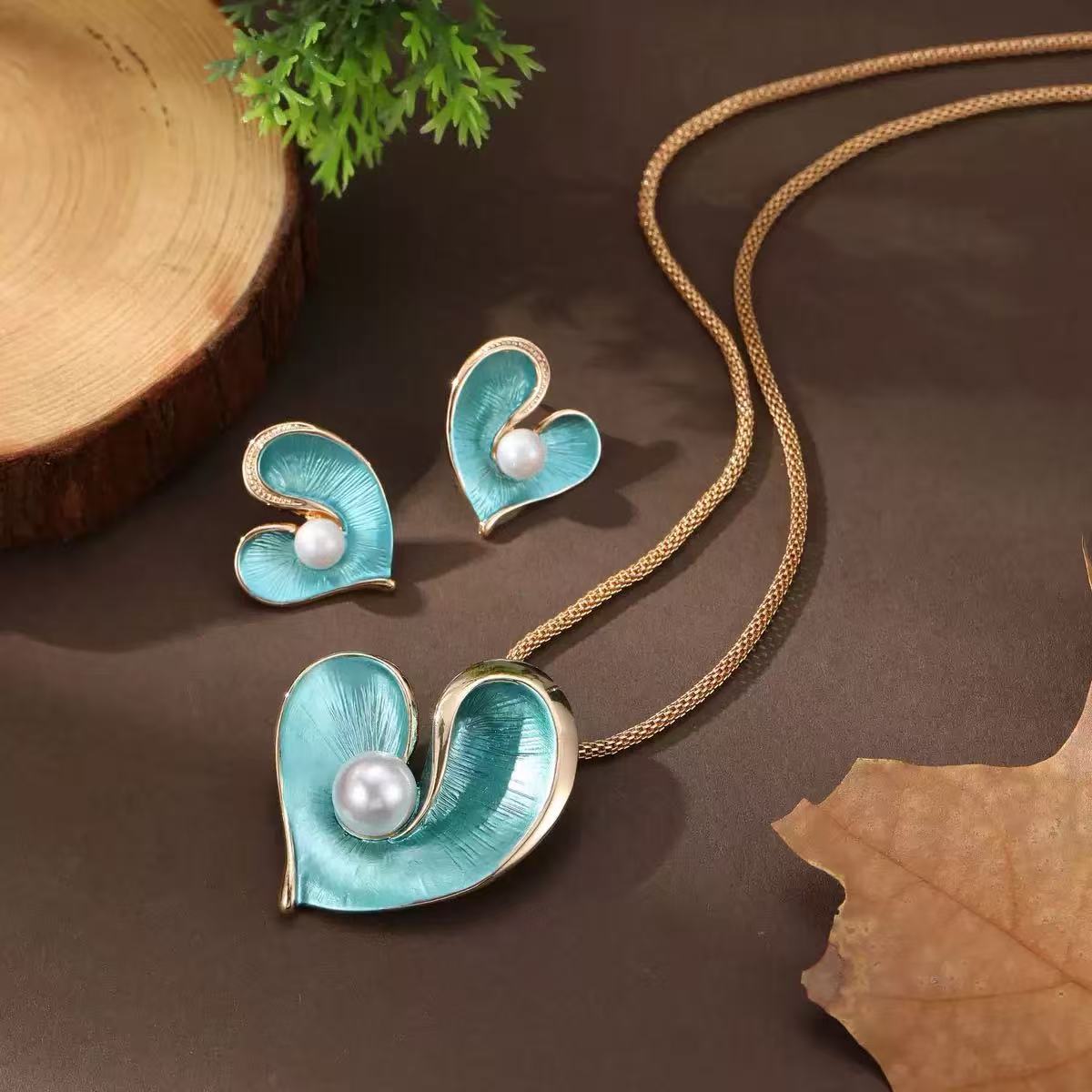 Enamel Pearl Heart Earring & Pendant Set