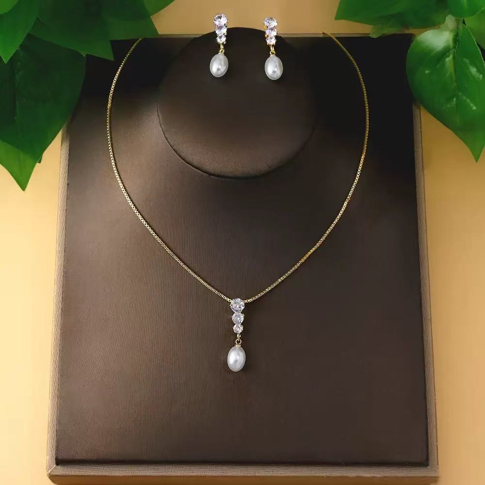 French-Inspired Zircon & Pearl Jewelry Set