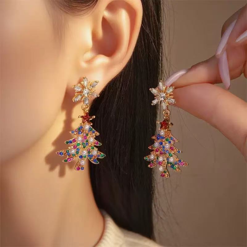 Rhinestone Christmas Tree & Bell Earrings