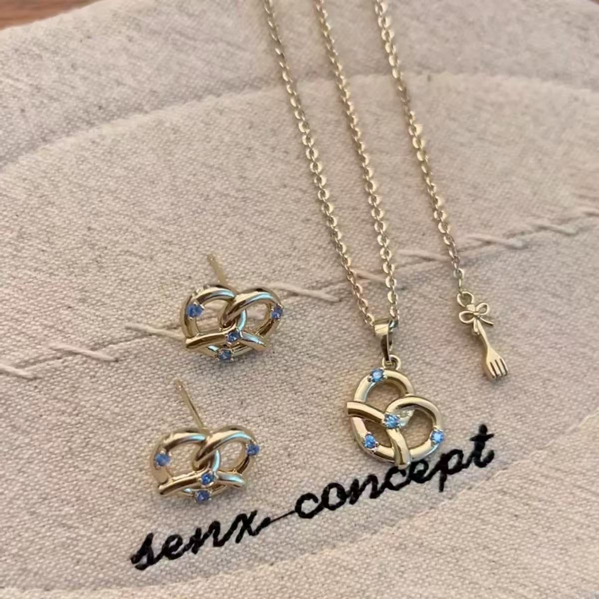 Coffee Gold-Tone Pretzel Knot & Blue Stone Jewelry Set