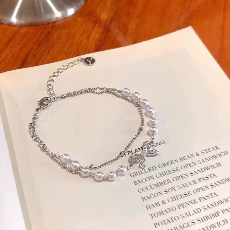 Double Layer Pearl Bow Bracelet