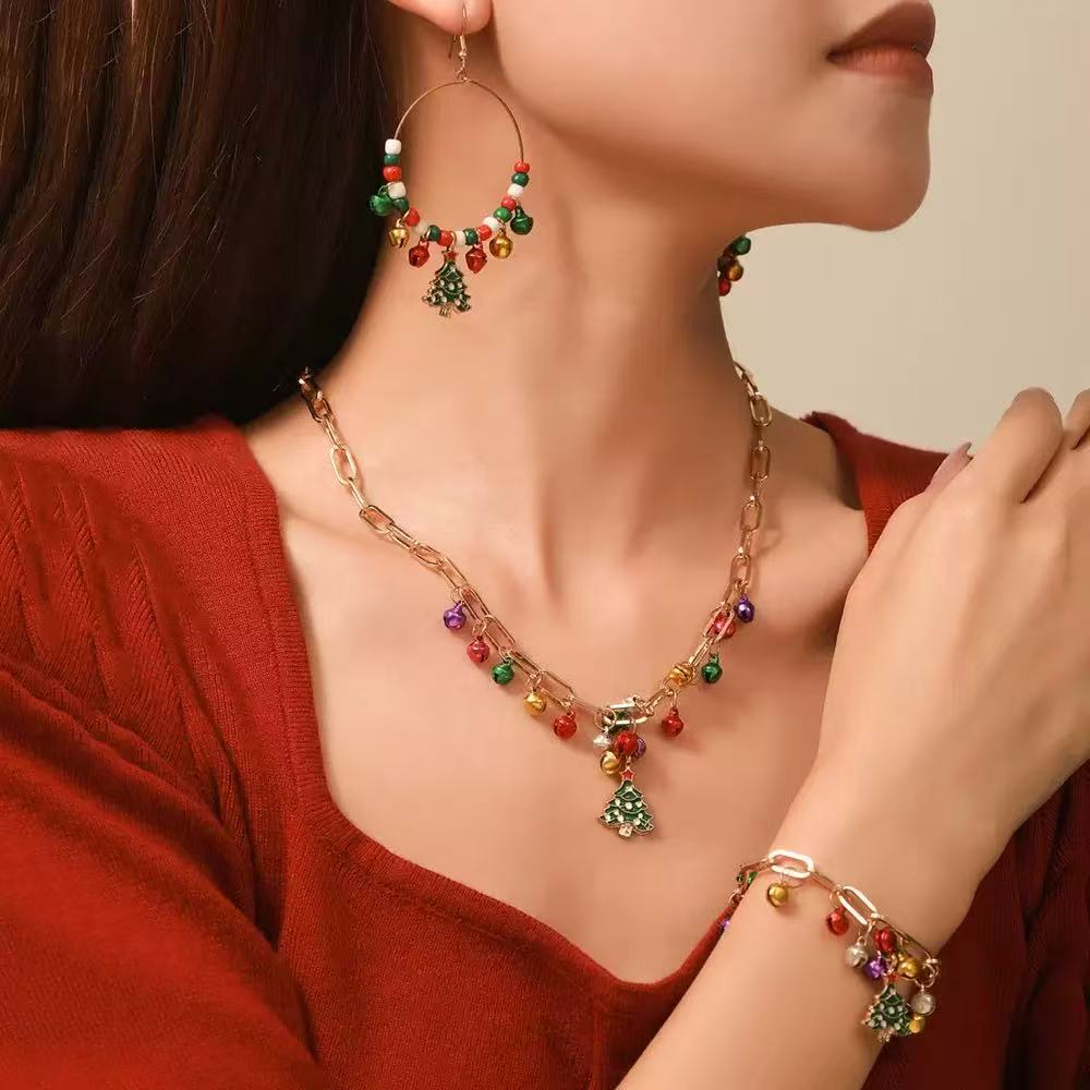 Christmas Bell & Pearl Jewelry Set – Earrings, Bracelet & Necklace