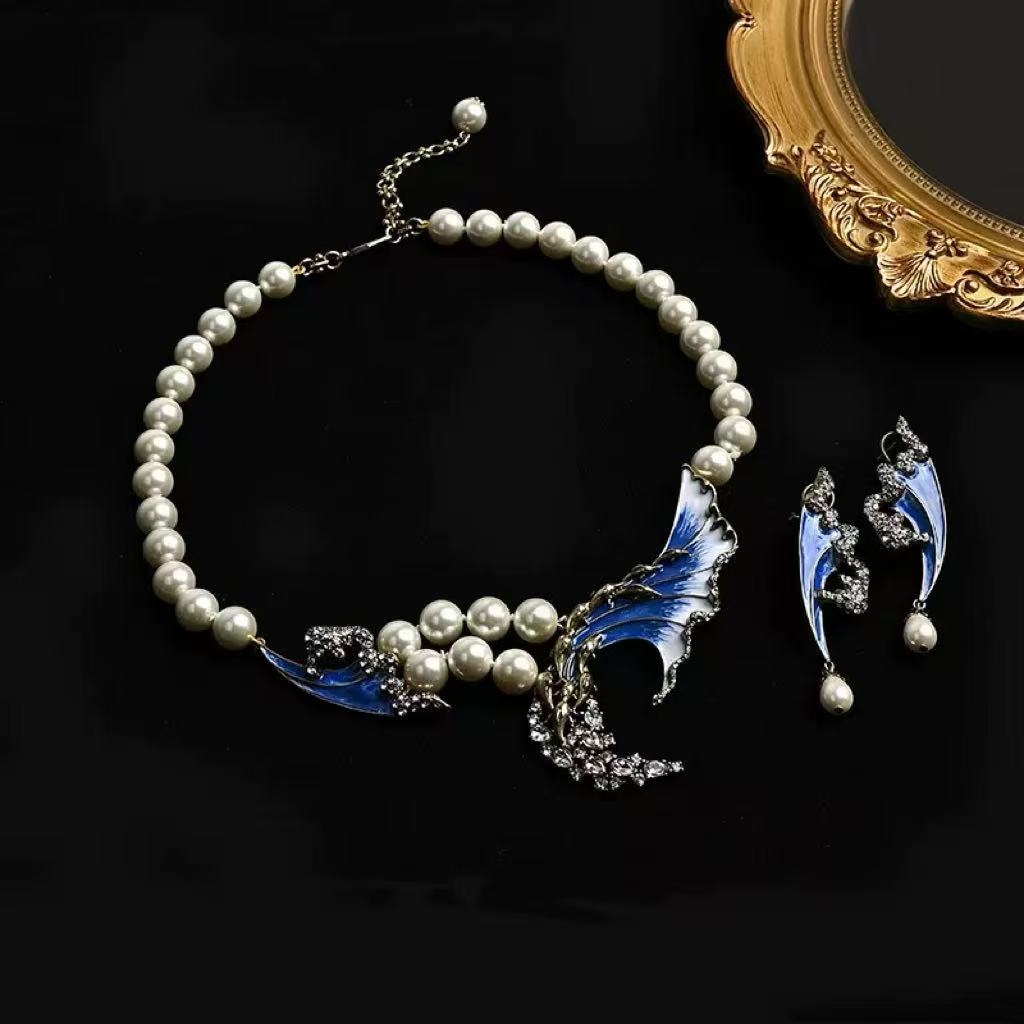 Ocean Blue Pearl & Alloy Necklace and Stud Earrings Set