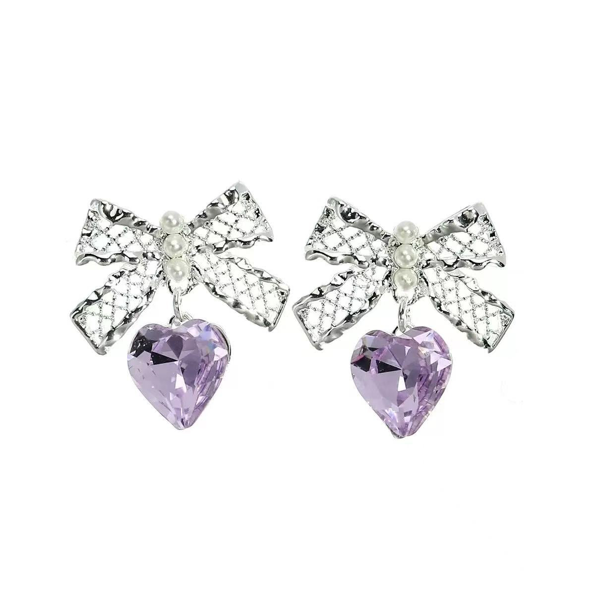 S925 Silver Bow Heart Purple Zirconia Earrings