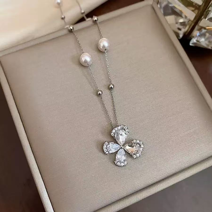 18K Gold Plated Zircon Flower Pearl Chain Necklace