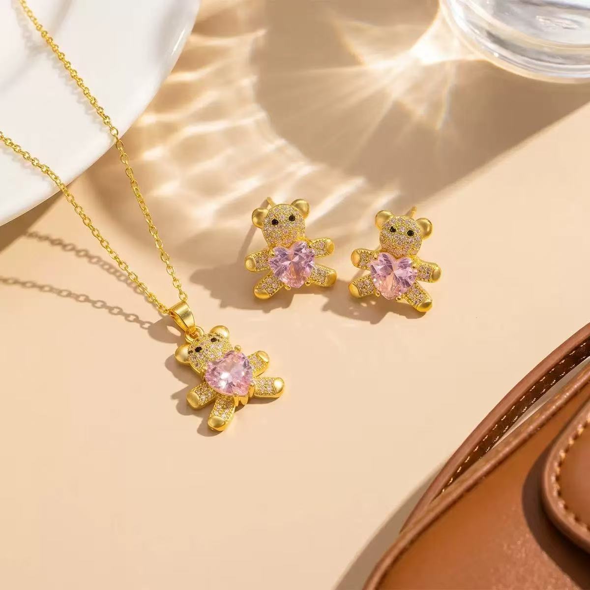 Gold-Plated Pink Full Diamond Teddy Bear Jewelry Set