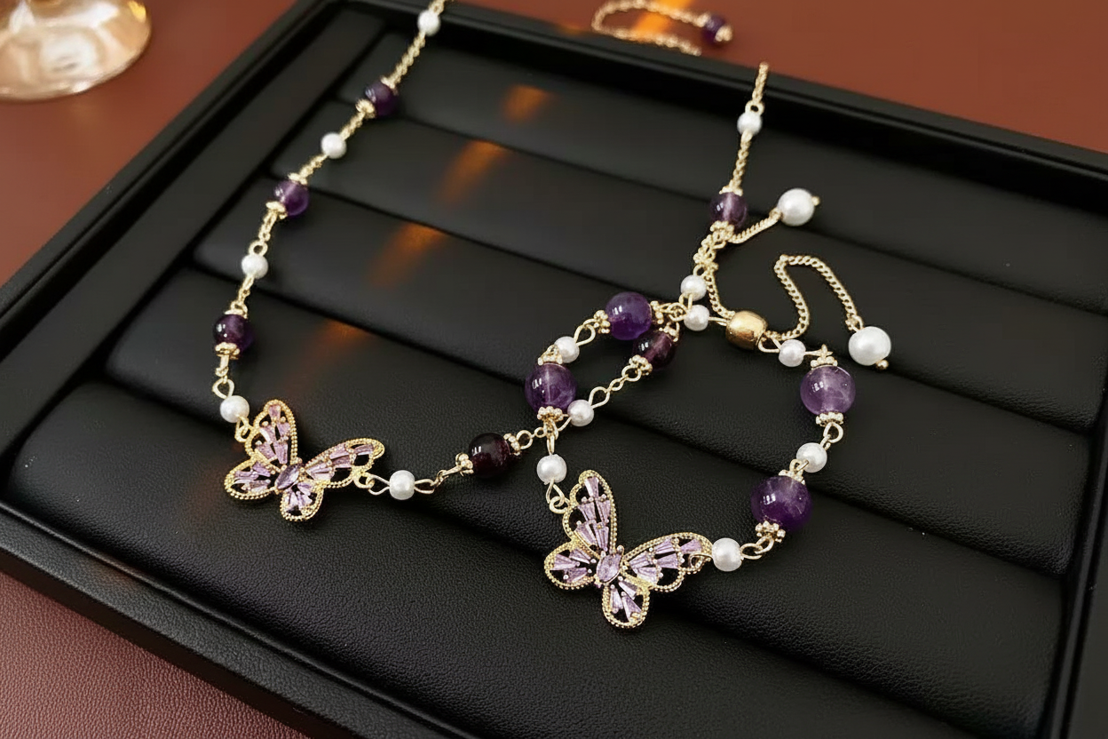 Amethyst Pearl Butterfly Bracelet - No Watermark
