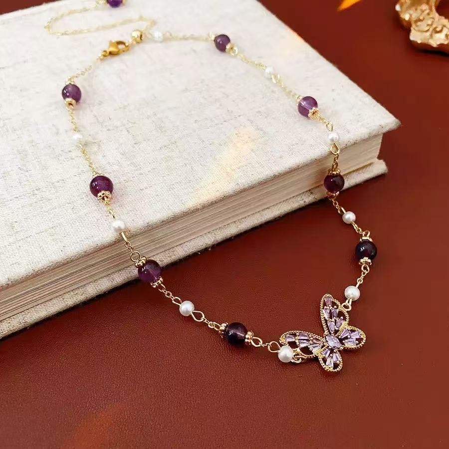 Zirconia Butterfly Amethyst Bead Bracelet Set