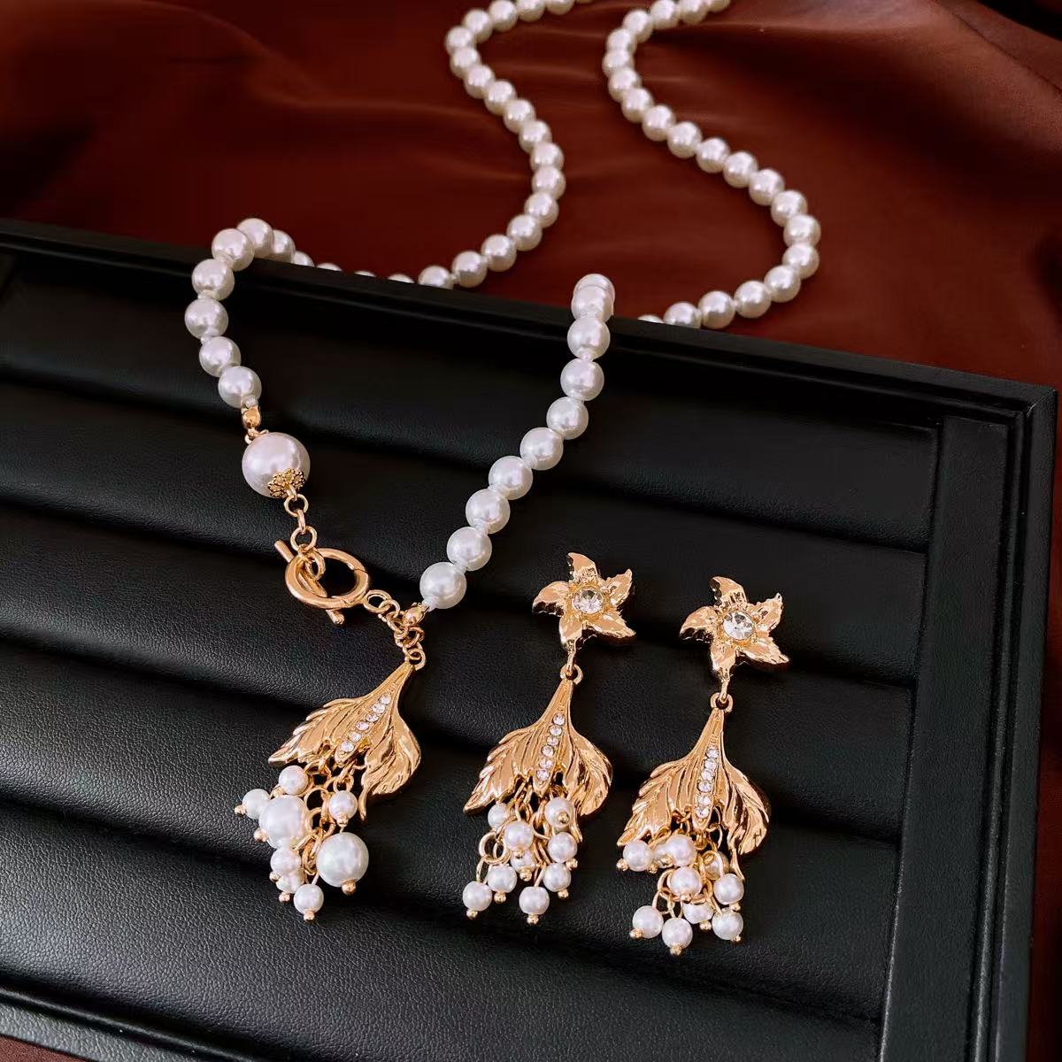 French Vintage Gold Leaf Pearl Grape Jewelry Set