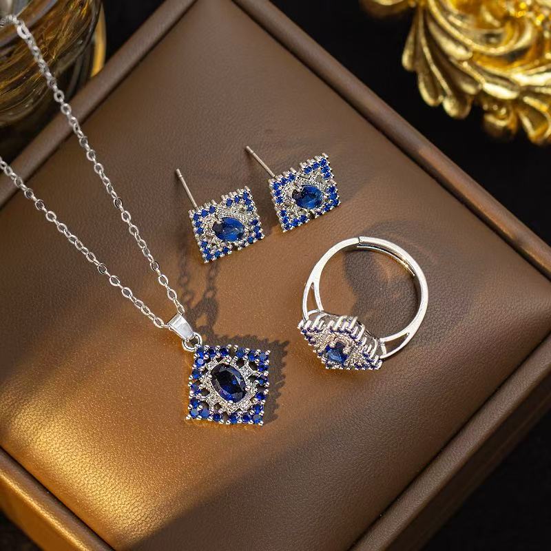Blue Sapphire Square Gemstone Copper Jewelry Set