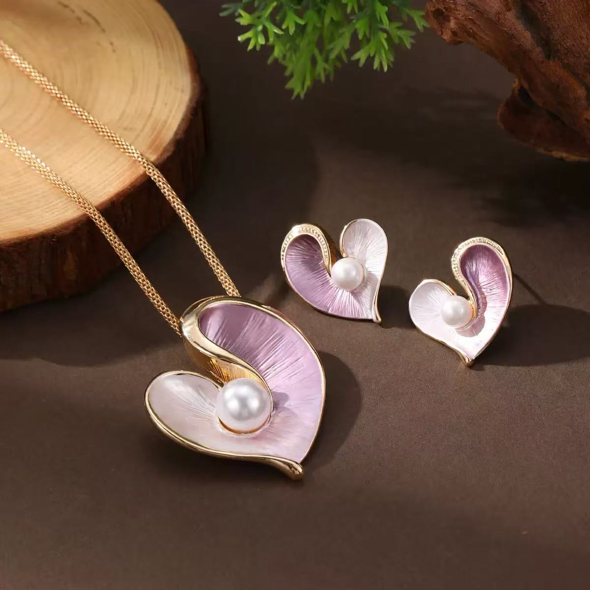 Enamel Pearl Heart Earring & Pendant Set