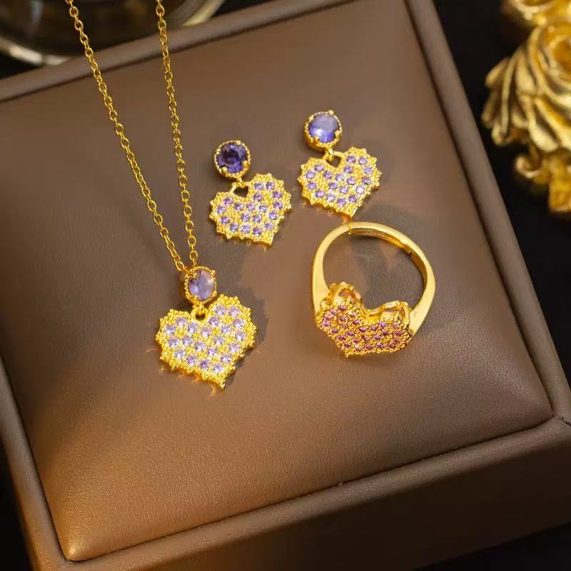 Full Diamond Dreamy Purple Heart Jewelry Set