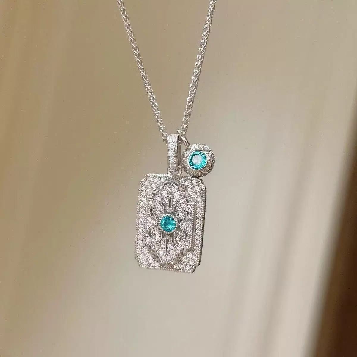 Vintage Silver Hollow Blue Diamond Lucky Pendant Necklace