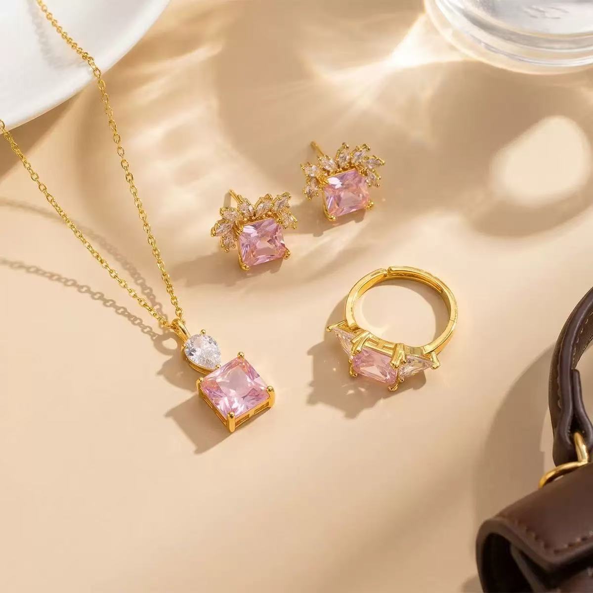 Pink Geometric Zircon Jewelry Set