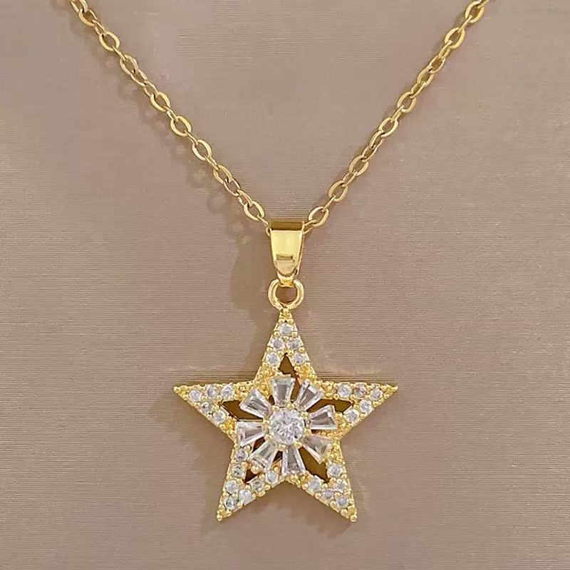 Titanium Steel Full Diamond Flower Star Necklace Set