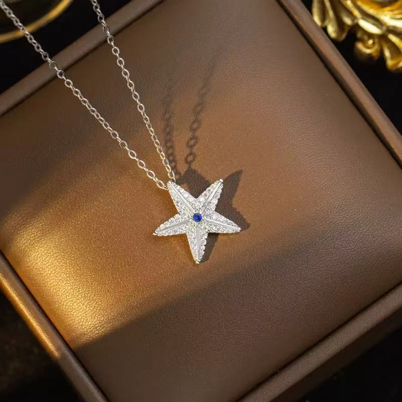 Titanium Steel Five-Pointed Star Blue Zircon Necklace