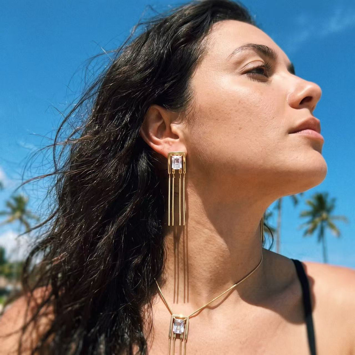 Geometric Tassel Zircon Necklace Set