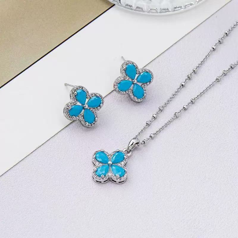 Blue Turquoise Full Diamond Four-Leaf Clover Jewelry Set