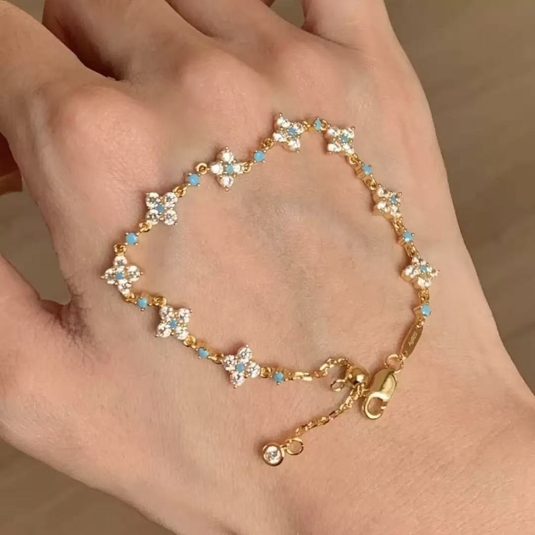 French Vintage Blue Turquoise Zircon Four-Leaf Clover Bracelet