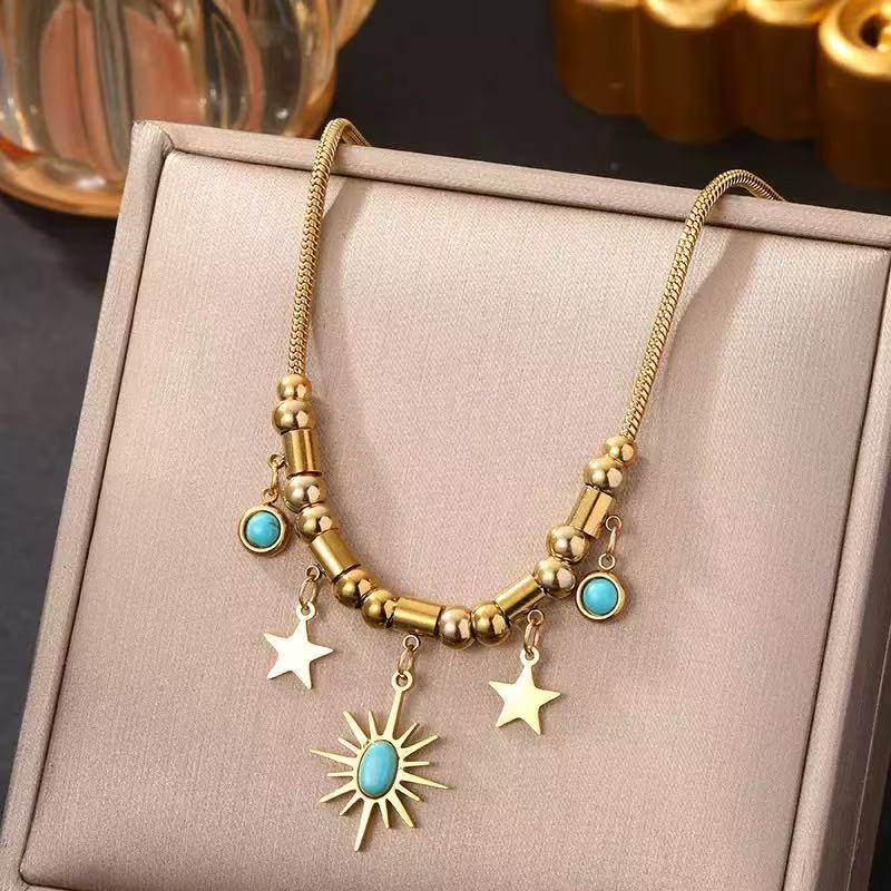 Bohemian Titanium Steel Turquoise Star Necklace