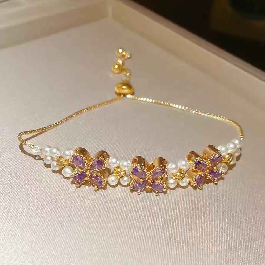 Purple Gemstone Flower Pearl Bracelet