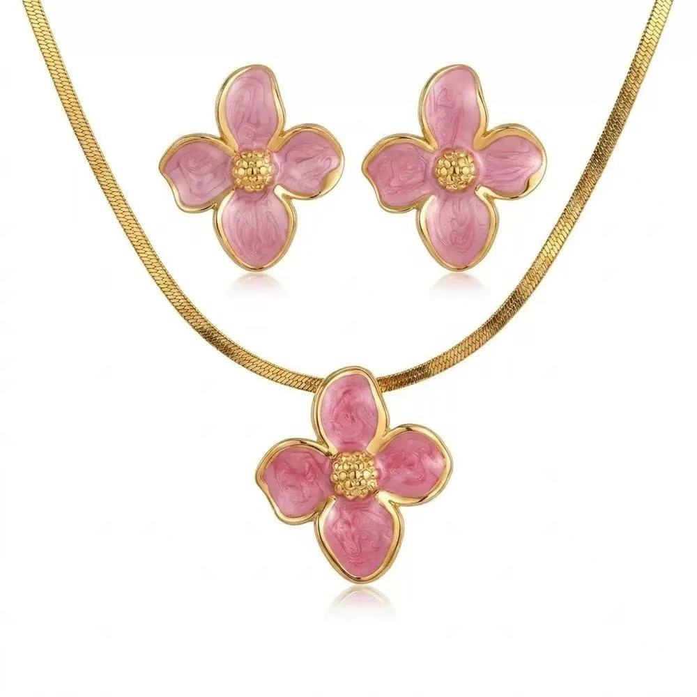 Titanium Steel Enamel Flower Necklace Set